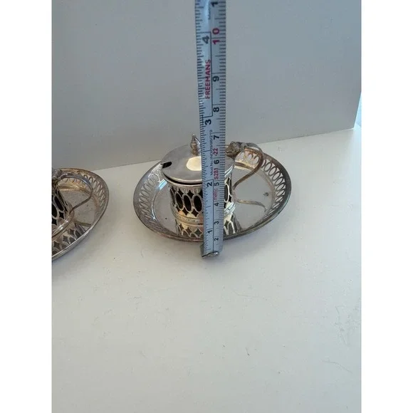 Vintage Cheltenham & Co Silver Plate Mustard Pots Cobalt Blue Glass Set of 2 - Picture 7 of 7